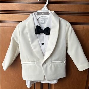 Kids White Tuxedo Jacket with Black Bow Tie And Pleated Shirt With Black Buttons